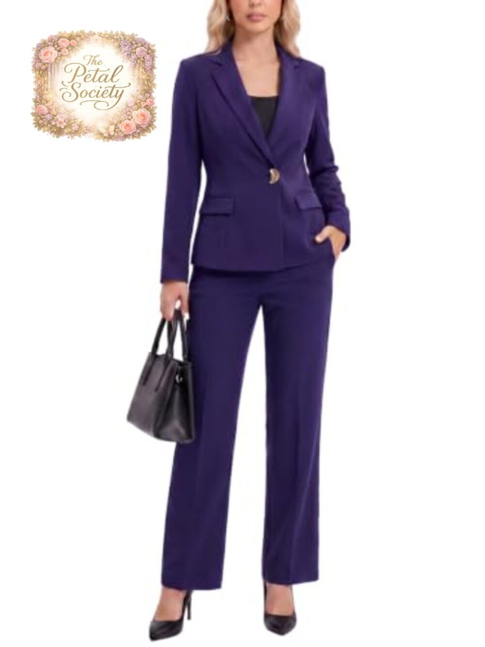 Women's 2 Piece Business Casual Pantsuit Blazer Straight Leg Pants Set